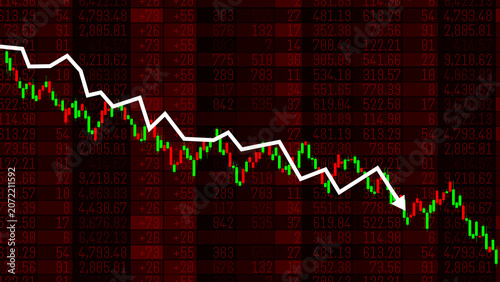 Tableau sur toile Global economic recession stock market crash concept with falling red arrow and