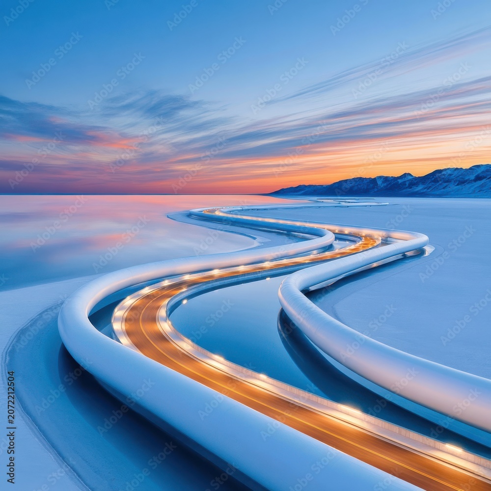 Fototapeta premium Aerial view of a winding illuminated pipeline road across icy coastal landscape at sunset