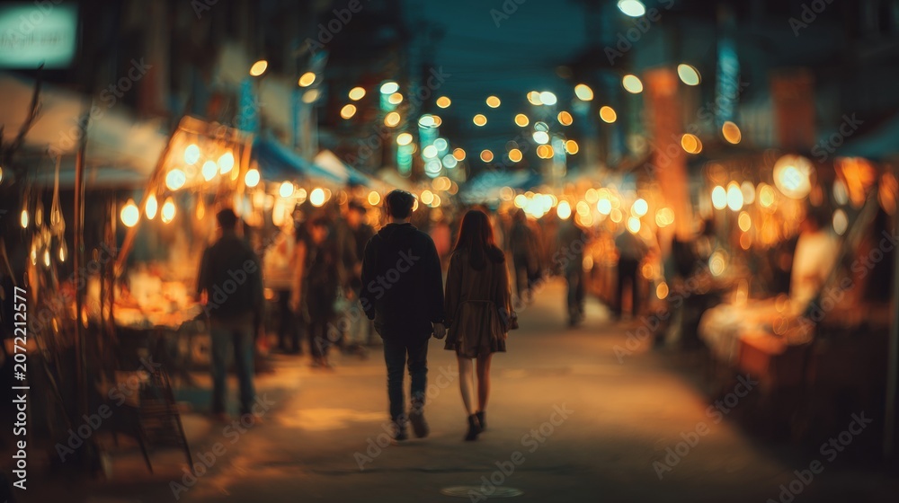 Fototapeta premium Romance and urban exploration. A couple walks hand in hand through a bustling night market, surrounded by the warm, blurred lights of stalls and crowds, creating a romantic and vibrant atmosphere.