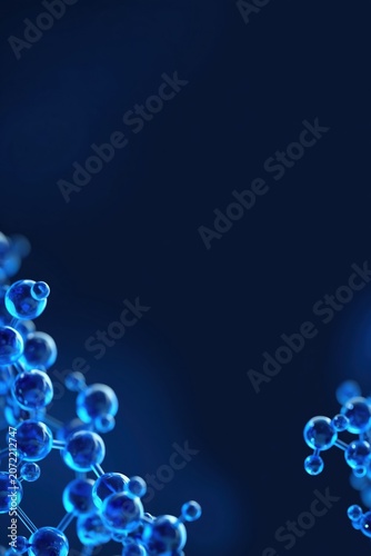 Abstract Blue Molecular Structure on Dark Background. Scientific Medical Background with 3D Rendered Molecular Bonds.