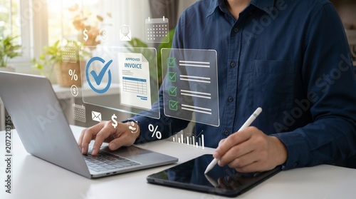 Digital invoice interface showing financial billing data, payment management charts and electronic dashboards utilized by professionals for budget evaluation and human resource data driven decision