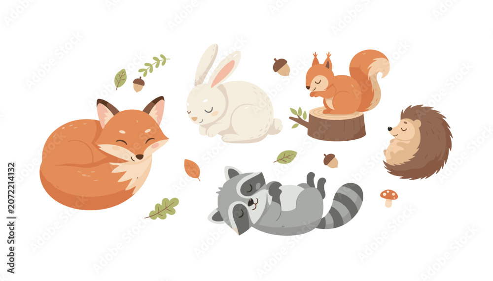 Naklejka premium Adorable sleeping forest animals collection featuring a cute fox, resting rabbit, sleeping squirrel, and raccoon.