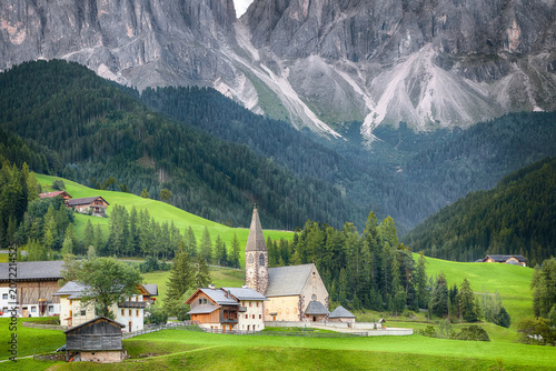 Gorgeous scene of magnificent Santa Maddalena village in Dolomites.