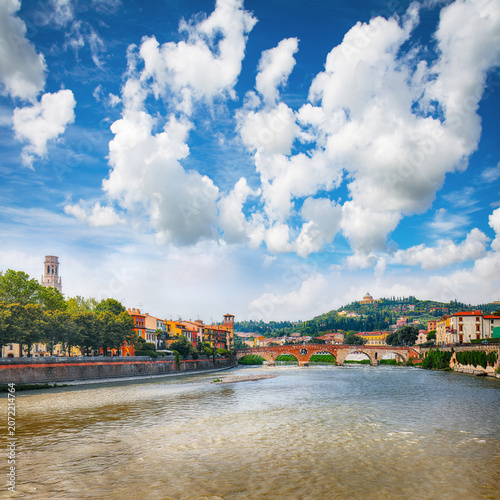 Gorgeous View of Verona cityscape view on the riverside with historical buildings ,bridges and towers