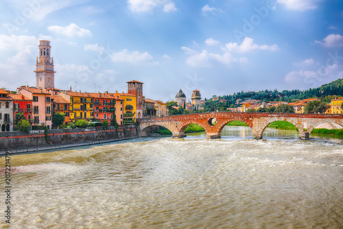 Gorgeous View of Verona cityscape view on the riverside with historical buildings ,bridges and towers