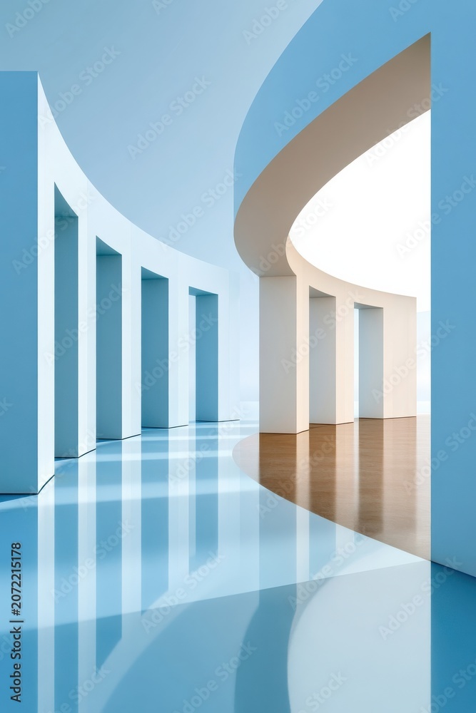 Naklejka premium Abstract modern architectural corridor with curved columns, reflective floor and soft natural light