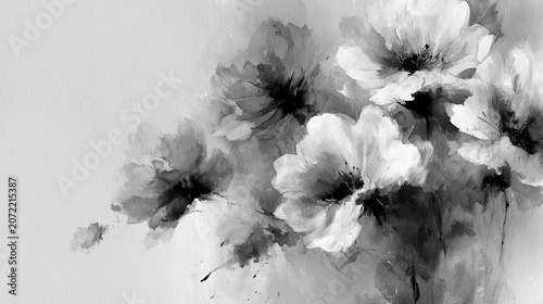 Monochrome painting of delicate flowers with soft petals and watercolor effect.
