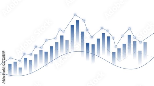 Stylized financial chart with illuminated line graph and reflective bar chart, futuristic minimal aesthetic animation
