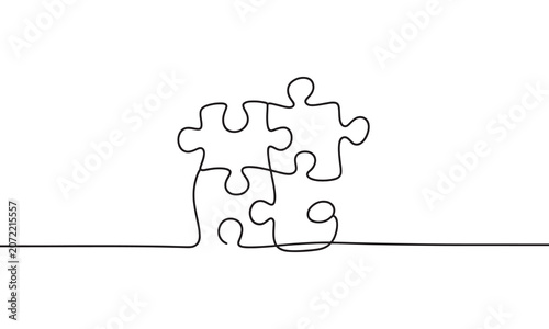 Continuous one line of four jigsaw puzzle pieces connected together, representing problem solving, teamwork, cooperation, strategy, connection, unity, and logical thinking on white