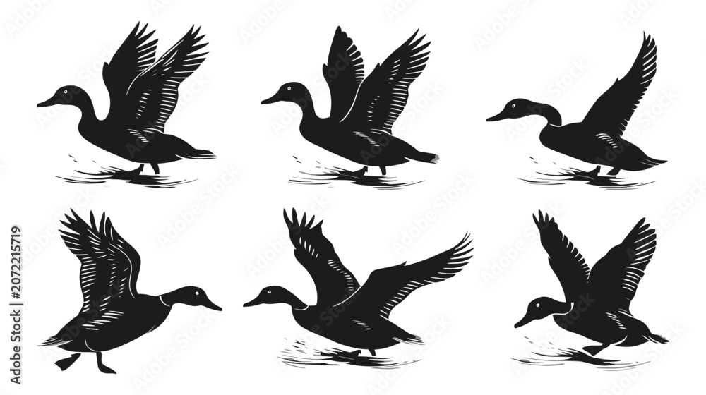 Naklejka premium Vintage flying duck silhouettes, set of 6 mallard waterfowl vector illustrations, rustic black bird icons for hunting and nature design