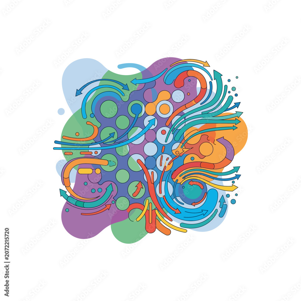Fototapeta premium Abstract Colorful Flowing Graphic Composition with Interconnected Lines and Geometric Shapes