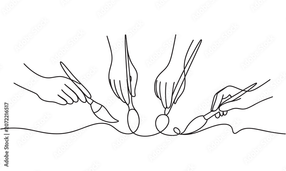 Fototapeta premium Single continuous line of multiple hands holding paintbrushes painting a long wavy line, isolated on a white background, minimalist style black and white