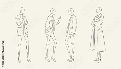 Elegant fashion sketches depicting four female models posing in chic modern suits and long coats on a light background.