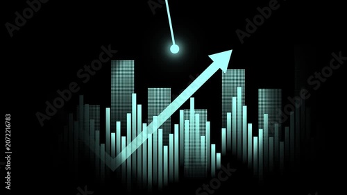 Monochrome growth arrow over bar-chart skyline animation, Financial concept with bar chart city skyline, upward arrow and spotlight