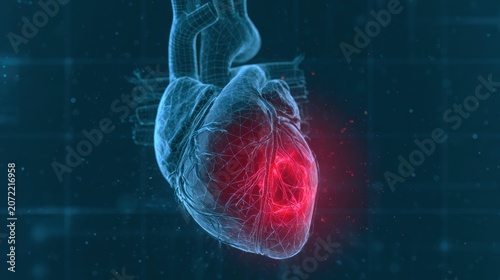 Heart anatomy is showcased with a focus on a blocked coronary artery. A red highlight indicates a myocardial infarction on a blue background.