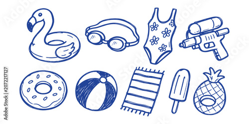 Obraz na płótnie pool party elements and summer swimming doodle icon set vector illustration