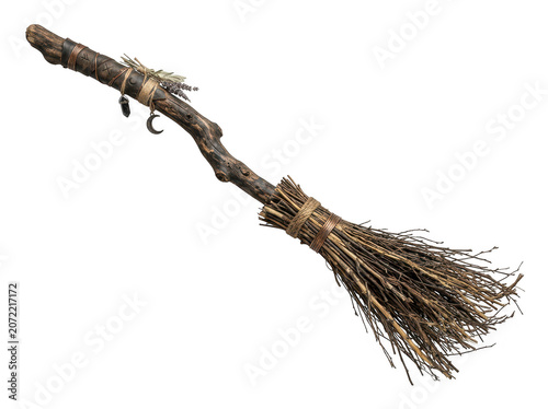 Rustic witch broomstick isolated on transparent background