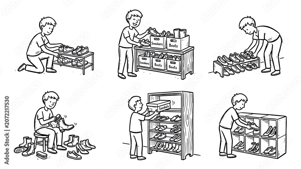 Obraz premium Boy organizing shoes in different storage solutions and cleaning boots