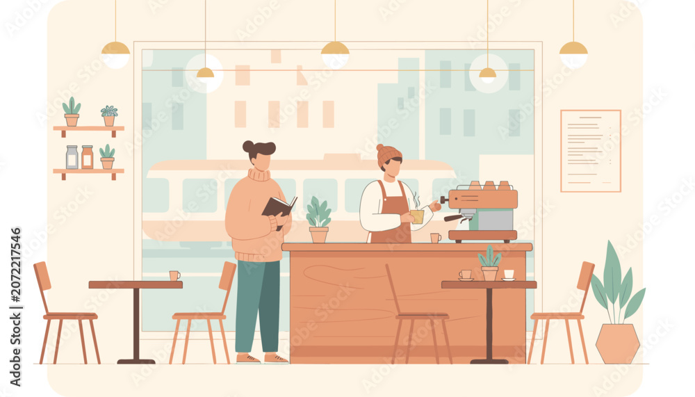 Fototapeta premium Cozy cafe scene featuring a barista making coffee behind the wooden counter while an active customer reads a book.