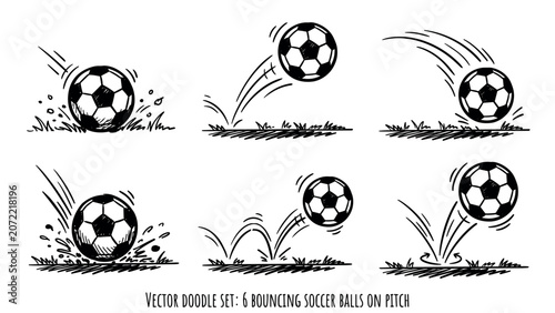 Doodle set of six soccer balls bouncing on grass in different motion styles