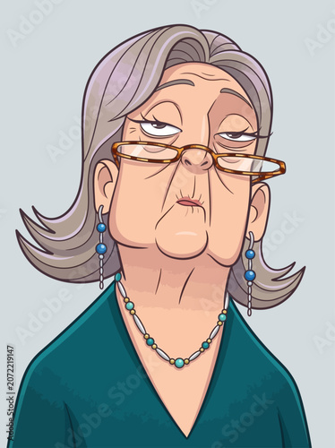 Photos A cartoon illustration of an older woman wearing glasses and jewelry looks displ