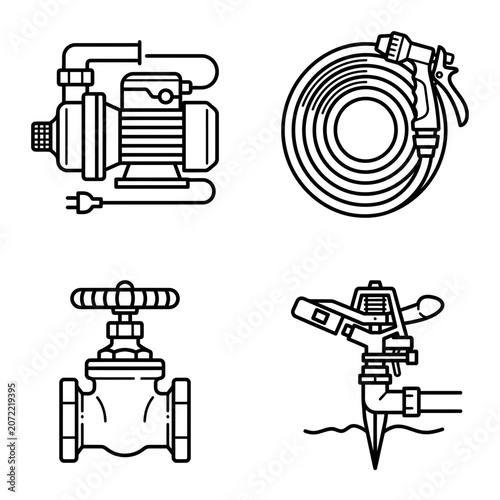 Set of four black and white line art icons representing irrigation and water supply equipment.