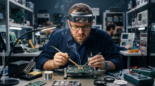 Technician repairing circuit board with tools.
