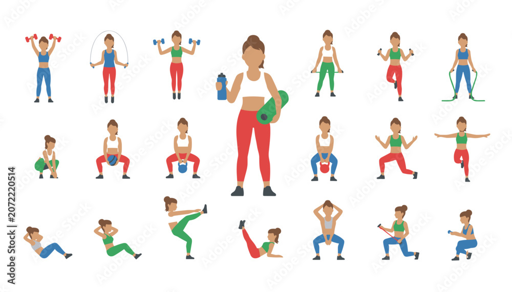 Fototapeta premium Comprehensive flat vector set of women doing various fitness exercises and yoga poses in colorful activewear design.
