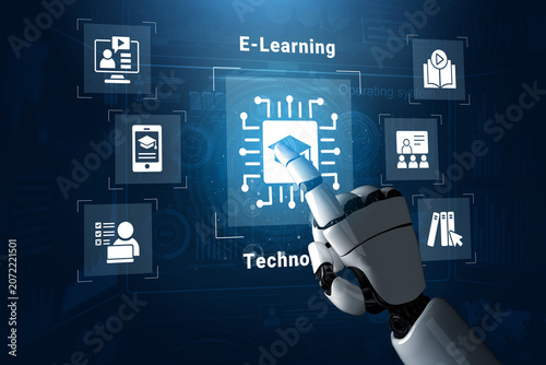 Foto A robotic hand reaches out to engage with digital icons representing e-learning and technology