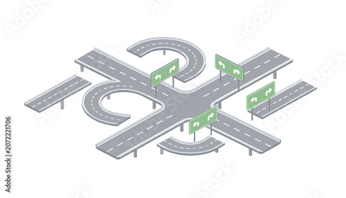 Detailed isometric illustration of a road junction featuring multiple turnoffs and green navigation signs for traffic direction in a city.