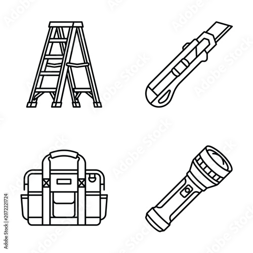 A collection of four outline icons representing essential construction and repair tools including a ladder utility knife tool bag and flashlight.
