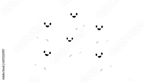 Group of cute little ghost characters floating together in a joyful and friendly manner to celebrate the spooky Halloween holiday season.