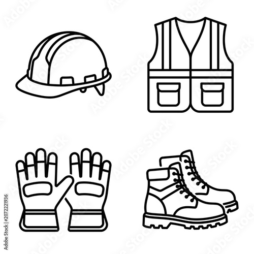 A set of four line art icons representing essential personal protective equipment for construction and industrial work.