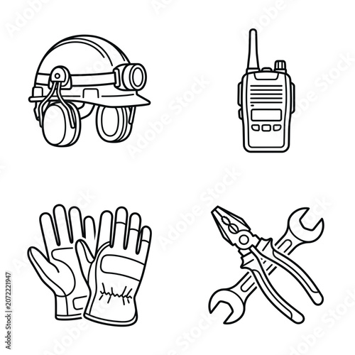 A set of four black and white line art icons representing construction and industrial safety equipment.