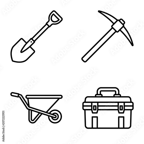 A collection of four outline icons representing construction and gardening tools.