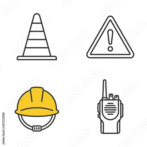 A set of four linear icons representing construction and safety equipment.