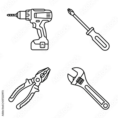 A collection of four essential hand tools depicted in a clean line art style.