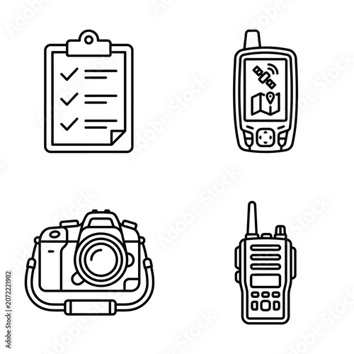 A set of four line art icons featuring outdoor adventure and field equipment.