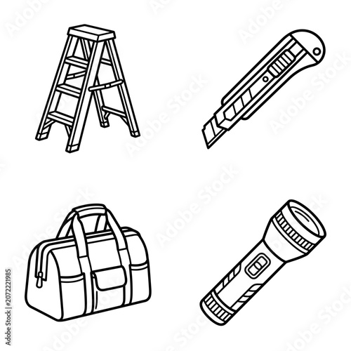 A collection of four simple line art icons featuring a ladder utility knife duffel bag and flashlight.