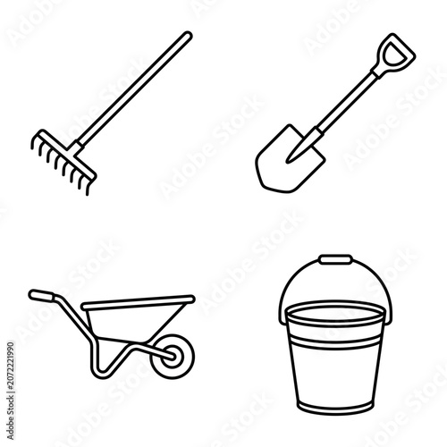 Line art icons of essential garden tools including a rake shovel wheelbarrow and bucket.