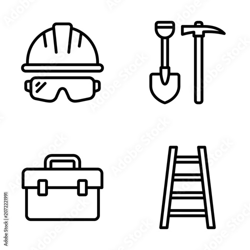 A set of four black and white line art icons representing construction and manual labor tools.