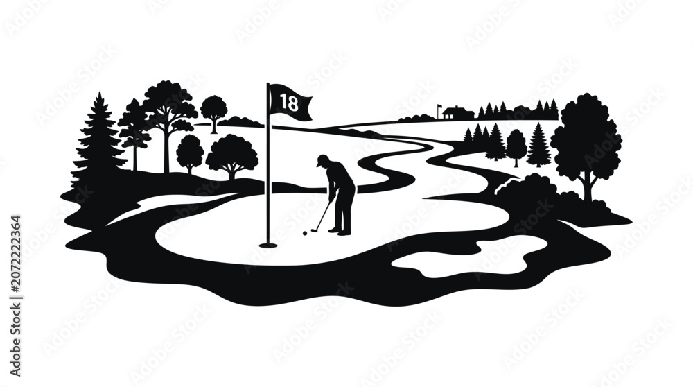 Naklejka premium Golf course scene with golfer and flag black and white silhouette