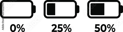 Black battery charge level icons showing zero twenty five and fifty percent power status