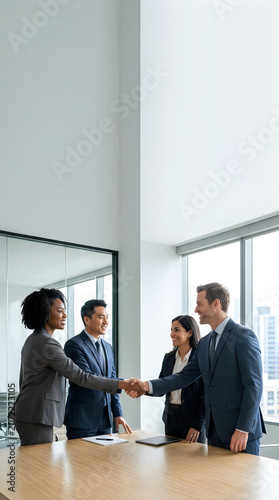 Diverse business professionals shaking hands in a modern office meeting, symbolizing agreement, partnership, and successful collaboration