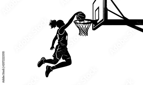 Foto Female Basketball Player Silhouette Slam Dunking Ball into Net