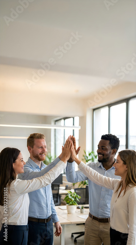 Diverse group of business professionals giving a high five to celebrate success in a modern office