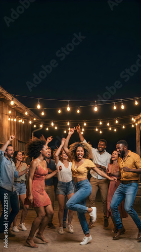 Group of diverse friends dancing and having fun at an outdoor night party happy young people celebrating together at a festive event with string lights in the background
