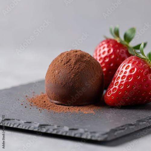Single decadent chocolate truffle dusted with cocoa powder alongside two fresh red strawberries on slate.