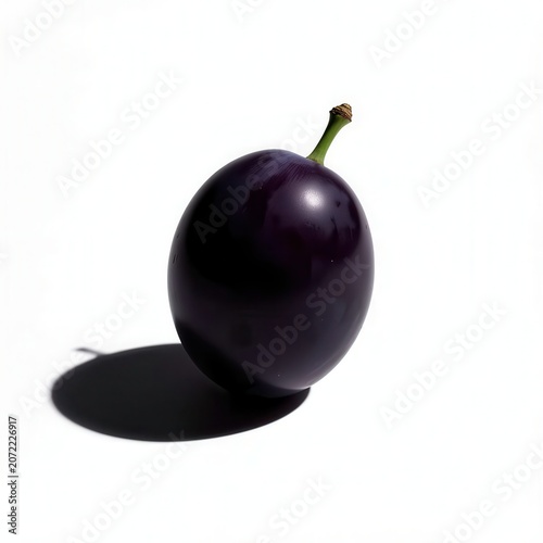 Single ripe dark purple plum casting a sharp shadow onto a plain solid white background.
