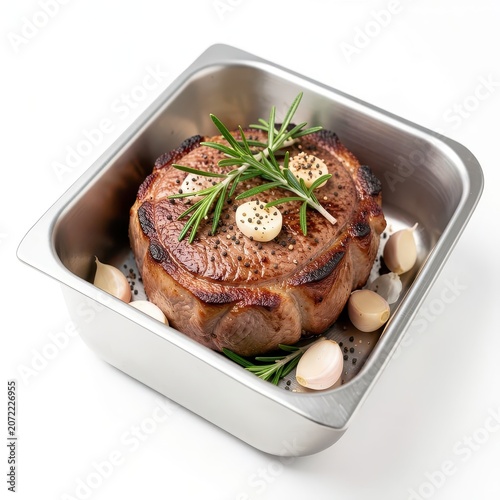 Delicious cooked beef meat roast seasoned with fresh rosemary inside a square stainless steel baking pan.